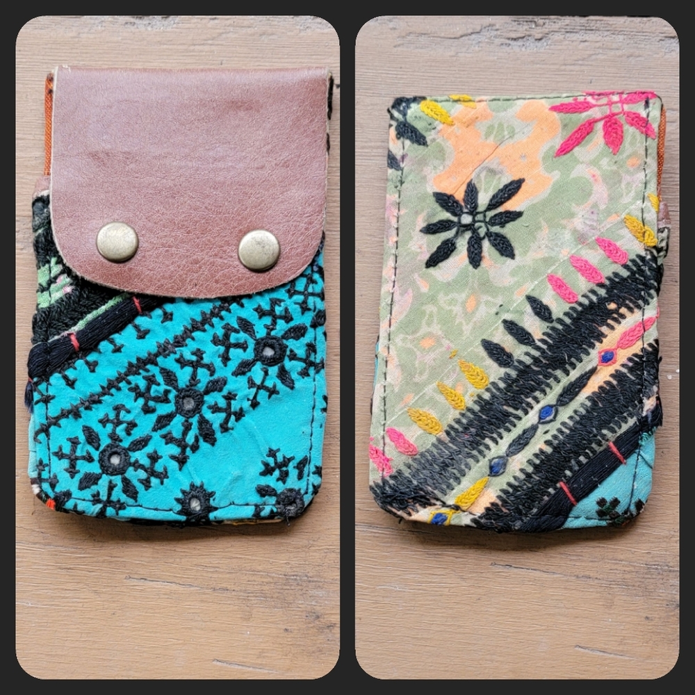 🧠🍳 Free People Boho Embroidered Repurposed vtg banjara hippie Wallet card case
